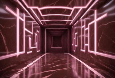 The primary subject of the image is a long, narrow hallway with a pink glow. The setting is a marble-lined hallway, and the visual style appears to be a combination of photo and digital art. The dominant colors are pink and brown, creating a warm and inviting atmosphere.