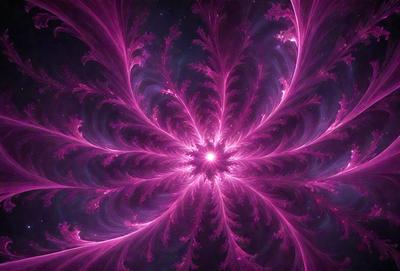 The primary subject of the image is a bright, pink, and purple flower with a vibrant, swirling pattern. The flower is the focal point of the scene, and it is set against a dark, starry background. The visual style of the image is a combination of photo and digital art, creating a unique and eye-catching design. The dominant colors in the image are pink, purple, and black, giving the scene a lively and energetic atmosphere.