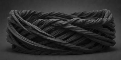The primary subject of the image is a large black rope. The rope is wound up and appears to be made of twisted strands. The setting is a gray background, which provides a neutral and unobtrusive environment for the rope. The visual style of the image is a close-up of the rope, showcasing its texture and details. The colors and mood of the image are predominantly dark and moody, with the black rope being the focal point.