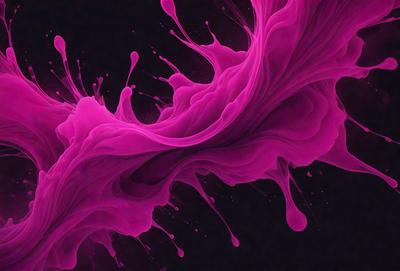 The primary subject of the image is a pink liquid, possibly a paint or a sauce, that is flowing and spreading across a surface. The setting appears to be a dark background, which contrasts with the vibrant pink color of the liquid. The visual style of the image is a close-up of the flowing liquid, emphasizing its movement and texture. The colors and mood of the image are predominantly pink, creating a sense of energy and dynamism.