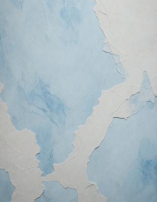 The primary subject of the image is a blue wall with peeling paint. The setting is a room with a blue wall, and the visual style is a close-up of the wall. The dominant colors are blue and white, and the overall atmosphere is somewhat distressed or aged.