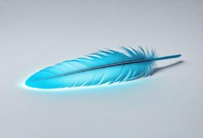 The primary subject of the image is a blue feather, which is the main object, scene, or focus of the image. The setting or background is a white surface, which provides a clean and uncluttered backdrop for the feather. The visual style of the image is a close-up of the feather, showcasing its intricate details and texture. The colors and mood of the image are predominantly blue, giving it a calm and serene atmosphere.