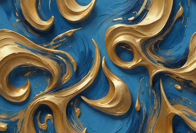 The primary subject of the image is a painting featuring a blue background with gold and brown colors. The painting is a mix of digital art and illustration, creating a visually appealing and unique piece. The gold and brown colors, along with the blue background, evoke a sense of warmth and depth in the artwork.