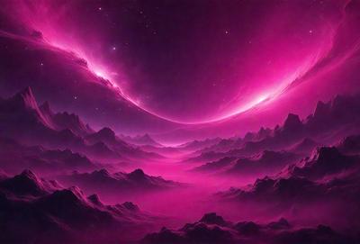 The primary subject of the image is a pink nebula, which is the main object, scene, or focus of the image. The setting/background features a purple sky, and the visual style is a digital art or illustration. The dominant colors and overall atmosphere of the image are pink and purple, creating a vibrant and visually striking scene.