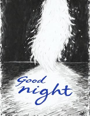 The primary subject of the image is a white, fluffy, and long-haired creature, possibly a cat or a dog, with a long tail. The setting is a dark background, which contrasts with the white creature. The visual style is a combination of a drawing and a pattern, giving the image a unique and artistic appearance. The colors and mood of the image are predominantly dark, with the white creature standing out as the focal point.