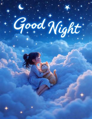 The primary subject of the image is a young girl sitting on a cloud, holding a cat. The setting is a whimsical, dreamy environment with clouds and a night sky. The visual style is a digital art or illustration, creating a surreal and imaginative atmosphere. The dominant colors are blue and white, with the girl's dress and the cat's fur being shades of pink. The overall mood is one of wonder, innocence, and the magic of childhood.