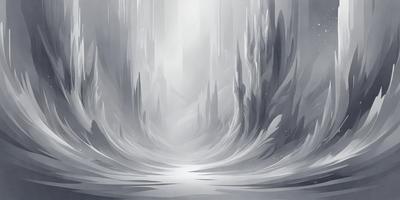 The primary subject of the image is a large, dark, and rocky mountain. The setting is a snowy, icy landscape with a cave-like structure. The visual style is a digital art or illustration, creating a dramatic and mysterious atmosphere. The dominant colors are shades of gray, black, and white, with some hints of blue and purple. The overall mood is one of awe and wonder, as the viewer is drawn into the depths of the mountainous terrain.