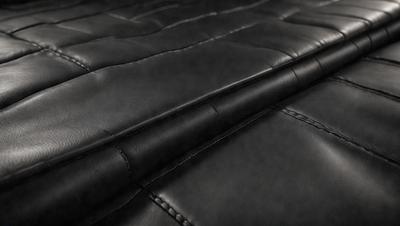 The primary subject of the image is a black leather couch. The setting is a room with a black leather couch as the main object. The visual style is a photo, and the colors and mood are predominantly black, giving the scene a sleek and modern appearance.