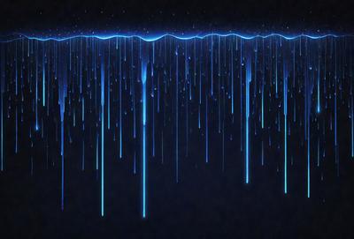 The primary subject of the image is a blue light show, which appears to be a digital art or illustration. The setting is a dark background, and the visual style is a combination of light and dark elements. The dominant colors are blue and black, creating a moody and atmospheric scene.