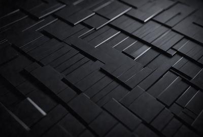 The primary subject of the image is a black and white patterned floor. The setting is a dark room, and the visual style is a close-up of the floor. The colors and mood of the image are predominantly black and white, creating a stark and minimalist atmosphere.