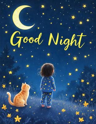 The primary subject of the image is a young girl standing on a grassy field at night, looking up at the stars. The setting is a night sky filled with stars, creating a serene and peaceful atmosphere. The visual style is a digital art illustration, with the girl and the cat depicted in a detailed and realistic manner. The colors and mood of the image are predominantly dark and calm, with the girl and the cat being the main focus of the scene.