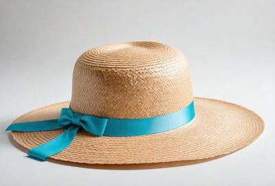 The primary subject of the image is a tan straw hat with a blue ribbon. The hat is placed on a white background, giving it a clean and simple appearance. The visual style of the image is a close-up of the hat, showcasing its details and texture. The colors and mood of the image are predominantly neutral, with the tan straw hat and blue ribbon providing a touch of color and a sense of warmth and relaxation.