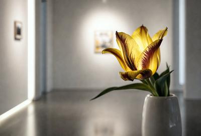 The primary subject of the image is a yellow flower in a white vase. The setting is a white wall, and the visual style appears to be a photo. The dominant colors are yellow and white, creating a bright and cheerful atmosphere.