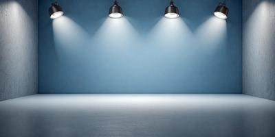 The primary subject of the image is a large, bright light source, which appears to be a light bulb or a spotlight. The light is shining down on a blue wall, creating a striking contrast between the light and the dark background. The visual style of the image is a close-up of the light source, emphasizing its brightness and intensity. The colors and mood of the image are predominantly blue, with the light source being the main focal point, creating a sense of depth and dimension.