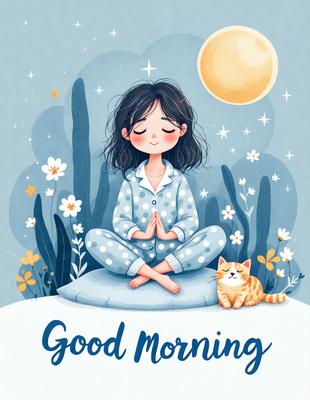 The primary subject of the image is a young girl sitting on a pillow, meditating and smiling. The setting is a peaceful, flower-filled garden, with a moon visible in the sky. The visual style is a digital art illustration, featuring a colorful and whimsical atmosphere. The dominant colors are blue, pink, and white, creating a calming and serene mood.