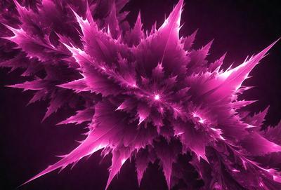 The primary subject of the image is a large, pink, purple, and green plant with multiple leaves and branches. The plant is the main focus of the image, and it is set against a purple background. The visual style of the image is a combination of photo and digital art, creating a unique and vibrant appearance. The dominant colors in the image are pink, purple, and green, giving the scene a lively and energetic atmosphere.