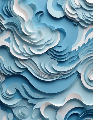 The primary subject of the image is a large, intricate paper sculpture of a wave. The setting is a blue background, which complements the vibrant colors of the wave. The visual style is a combination of digital art and illustration, creating a unique and eye-catching piece of art. The colors and mood of the image are lively and energetic, with the blue wave and the white paper creating a sense of movement and dynamism.