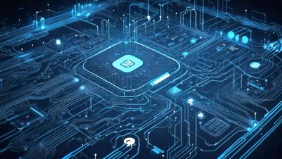 The primary subject of the image is a blue and white circuit board with a large blue circle in the center. The setting is a computer circuit board, and the visual style is digital art. The dominant colors are blue and white, creating a clean and modern atmosphere.