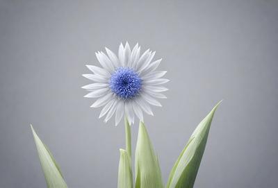 The primary subject of the image is a single white flower with a blue center, sitting on top of a green stem. The setting is a gray background, which provides a clean and minimalist appearance. The visual style is a close-up of the flower, emphasizing its details and colors. The dominant colors are white and blue, creating a calm and serene atmosphere.
