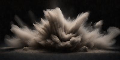 The primary subject of the image is a large, swirling cloud of dust or smoke. The setting is a dark background, which contrasts with the cloud, making it stand out. The visual style appears to be a combination of a photo and a digital art or illustration, as the cloud is depicted in a somewhat surreal manner. The colors and mood of the image are predominantly dark, with the cloud being the main focus and source of interest.
