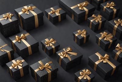 The primary subject of the image is a collection of black boxes with gold ribbons and bows. These boxes are arranged in various positions, creating a visually appealing display. The setting is a black background, which contrasts with the gold ribbons and bows, emphasizing their colors. The visual style is a combination of photo and digital art, as the boxes are presented in a way that resembles a photograph but also has a touch of digital artistry. The colors and mood of the image are predominantly