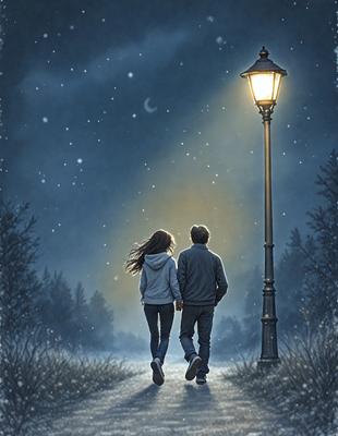 The primary subject of the image is a man and a woman walking together under a street light. They are the main focus of the scene. The setting is a nighttime city street with a street light illuminating the area. The visual style is a digital art or illustration, creating a warm and inviting atmosphere. The colors are predominantly dark, with the street light providing a source of light, and the couple's clothing and surroundings adding to the overall mood.
