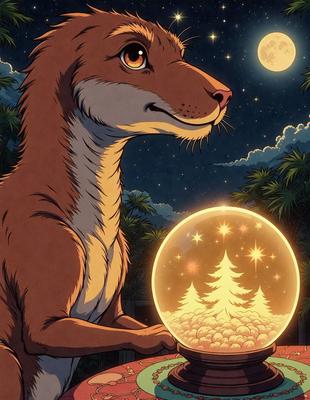 The primary subject of the image is a brown and white dog, which is holding a Christmas tree ornament in its mouth. The setting is a nighttime scene with a moon visible in the background. The visual style is an illustration or a drawing, and the colors and mood are warm and festive, as the dog is holding a Christmas tree ornament.