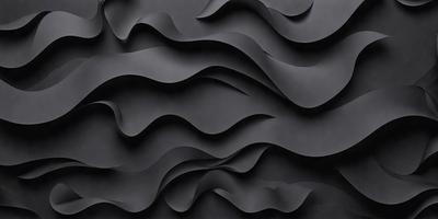 The primary subject of the image is a black and white patterned wallpaper. The setting is a black wall, and the visual style is a close-up of the wallpaper. The colors and mood of the image are predominantly black and white, creating a bold and striking appearance.