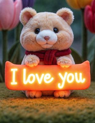 The primary subject of the image is a teddy bear holding a sign that reads "I Love You." The setting is a garden, with a pink flower in the background. The visual style is a photo, and the colors and mood are warm and affectionate.