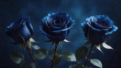 The primary subject of the image is a bouquet of three blue roses. The setting is a dark blue background, which creates a dramatic and moody atmosphere. The visual style is a close-up of the flowers, emphasizing their vibrant color and intricate details. The overall mood of the image is serene and captivating, with the blue roses standing out against the rich blue background.