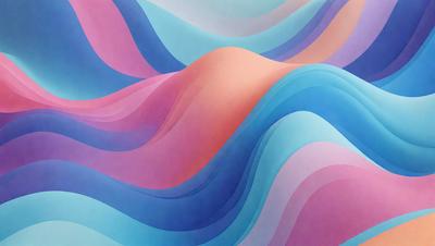The primary subject of the image is a colorful, abstract painting featuring a wave-like pattern. The setting is a wall, and the visual style is a combination of digital art and illustration. The dominant colors in the painting are blue, pink, and purple, creating a vibrant and lively atmosphere.