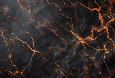 The primary subject of the image is a close-up of a black and orange patterned surface, which appears to be a textured wall or a piece of art. The setting is a dark room, and the visual style is a combination of a photo and digital art. The dominant colors are black and orange, creating a moody and dramatic atmosphere.