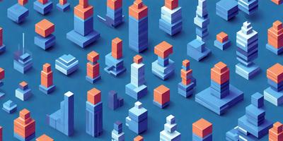 The primary subject of the image is a collection of blue and orange toy buildings. These toy buildings are arranged in a pattern, creating a visually appealing and colorful scene. The setting is a blue background, which contrasts nicely with the vibrant colors of the toy buildings. The visual style of the image is digital art, as it is a well-crafted and detailed illustration. The dominant colors in the image are blue and orange, giving it a lively and energetic atmosphere.