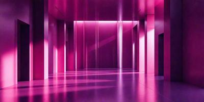 The primary subject of the image is a hallway with pink walls and a pink floor. The setting is a room with a pink color scheme. The visual style is a photo, and the colors and mood are predominantly pink, creating a warm and inviting atmosphere.