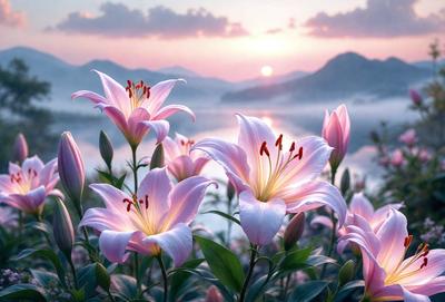 The primary subject of the image is a group of pink flowers, which are the main focus of the scene. The flowers are situated in a picturesque setting, with a body of water in the background. The visual style of the image is a photo, capturing the beauty of the flowers and their surroundings. The colors in the image are predominantly pink, creating a warm and inviting atmosphere.
