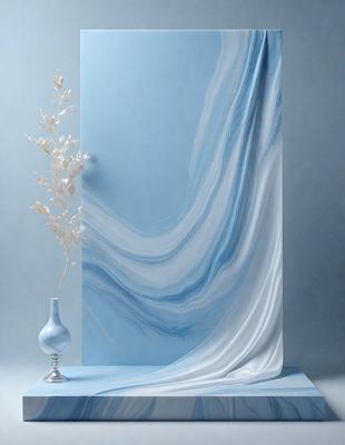 The primary subject of the image is a blue marble wall with a white curtain hanging from it. The setting is a room with a blue wall and a white curtain. The visual style is a photo, and the colors and mood are predominantly blue and white, creating a calm and serene atmosphere.