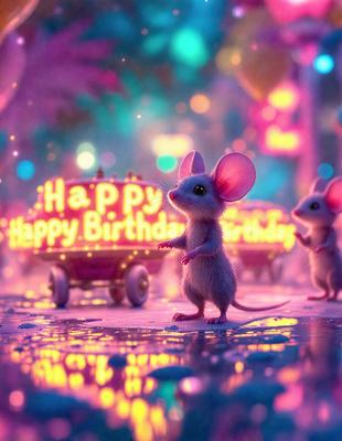 The image features a group of three mice standing on a pink surface, possibly a carpet or a road. They are positioned in front of a car, which is decorated with a "Happy Birthday" message. The mice appear to be looking at the car, possibly admiring the decoration. The scene is set in a colorful environment, with the mice and the car being the main focus of the image.