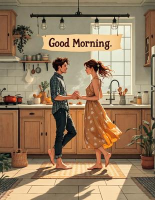 The primary subject of the image is a man and a woman standing in a kitchen. The woman is wearing a yellow dress, and the man is wearing a blue shirt. They are both holding hands, creating a warm and intimate atmosphere.

The setting is a kitchen with various items such as a refrigerator, a sink, a potted plant, and multiple bowls and cups placed around the room. The visual style of the image is a combination of digital art and illustration, giving it a unique and