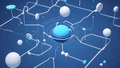 The primary subject of the image is a blue button, which is the main object in the scene. The setting is a blue background, and the visual style appears to be a digital art or illustration. The colors and mood of the image are predominantly blue, creating a calm and serene atmosphere.