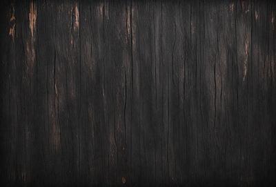 The primary subject of the image is a wooden wall with a black surface. The setting is a room with a wooden floor. The visual style is a close-up of the wooden wall, showcasing its texture and grain. The dominant colors are black and brown, creating a moody atmosphere.