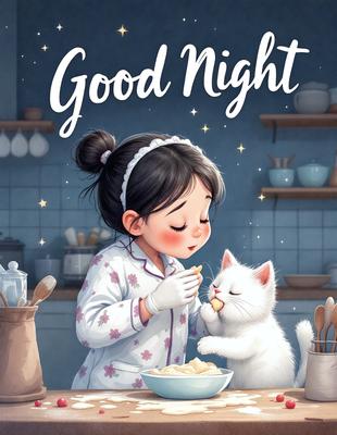 The primary subject of the image is a young girl feeding a cat. The girl is wearing a pink outfit and is holding a bowl of food for the cat. The scene takes place in a kitchen, with various kitchen items such as a spoon, a knife, and a bottle visible in the background. The visual style of the image is a digital art or illustration, with a color palette that includes pink, white, and blue. The overall atmosphere of the image is warm and nurturing,