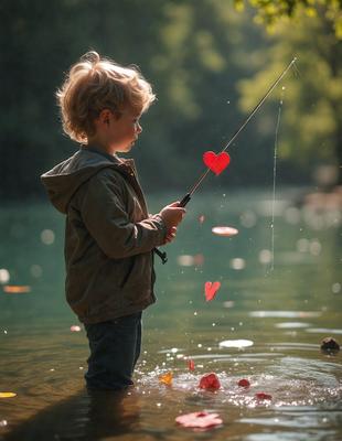 The primary subject of the image is a young boy standing in a body of water, holding a fishing rod. The setting is a calm body of water, and the visual style appears to be a photo. The colors in the image are predominantly shades of green and brown, creating a serene and natural atmosphere.