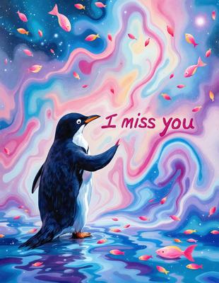 The image features a penguin standing on a body of water, possibly an ocean. The penguin is surrounded by a vibrant and colorful background, which includes a mix of pink, blue, and orange hues. The penguin appears to be waving, and the scene is set against a backdrop of a starry sky. The overall atmosphere of the image is lively and cheerful, with the penguin being the main focus of the scene.