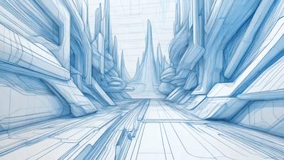 The primary subject of the image is a futuristic cityscape, featuring a long, narrow street surrounded by tall, blue buildings. The setting appears to be a futuristic metropolis, with a sense of depth and intricacy in the architecture. The visual style of the image is digital art, as it is a detailed and well-crafted illustration. The colors and mood of the scene are predominantly blue, giving it a cool and futuristic atmosphere.