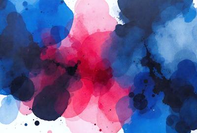 The primary subject of the image is a large, colorful painting featuring a mix of red, blue, and white colors. The painting is displayed on a white wall, creating a striking contrast between the artwork and the background. The visual style of the painting appears to be a combination of digital art and illustration, giving it a unique and vibrant appearance. The dominant colors in the painting are red, blue, and white, creating a lively and energetic atmosphere.