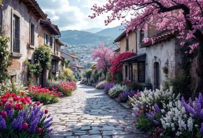 The primary subject of the image is a narrow alleyway lined with colorful flowers, including pink and purple flowers. The setting is a quaint village with a charming atmosphere. The visual style is a photo, capturing the beauty of the alley and the flowers. The colors and mood are vibrant and cheerful, with the flowers adding a touch of natural beauty to the scene.