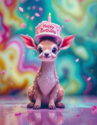 The primary subject of the image is a small deer with a birthday hat on its head. The deer is sitting on the floor, surrounded by a colorful and vibrant environment. The setting includes a pink and yellow background, which adds to the festive atmosphere. The visual style of the image is a combination of photo and digital art, creating a unique and eye-catching scene. The colors and mood of the image are lively and cheerful, with the birthday hat and the deer's ad