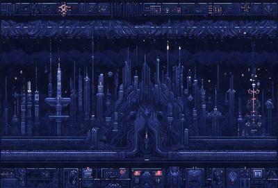 The primary subject of the image is a futuristic cityscape with a large number of buildings, including a castle-like structure. The setting is a dark, blue-toned environment, which adds to the overall mood of the scene. The visual style of the image is a combination of digital art and illustration, creating a unique and intricate design. The colors and mood of the image are predominantly dark and moody, with a hint of futuristic ambiance.