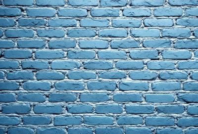 The primary subject of the image is a blue brick wall. The setting is a brick wall, and the visual style is a photo. The dominant colors are blue and white, creating a calm and serene atmosphere.