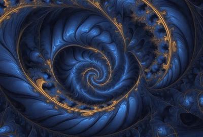 The primary subject of the image is a blue spiral pattern, which appears to be a digital art or illustration. The setting is a blue background, and the visual style suggests that it is a digital artwork or a pattern. The dominant colors in the image are blue and gold, creating a calm and serene atmosphere.